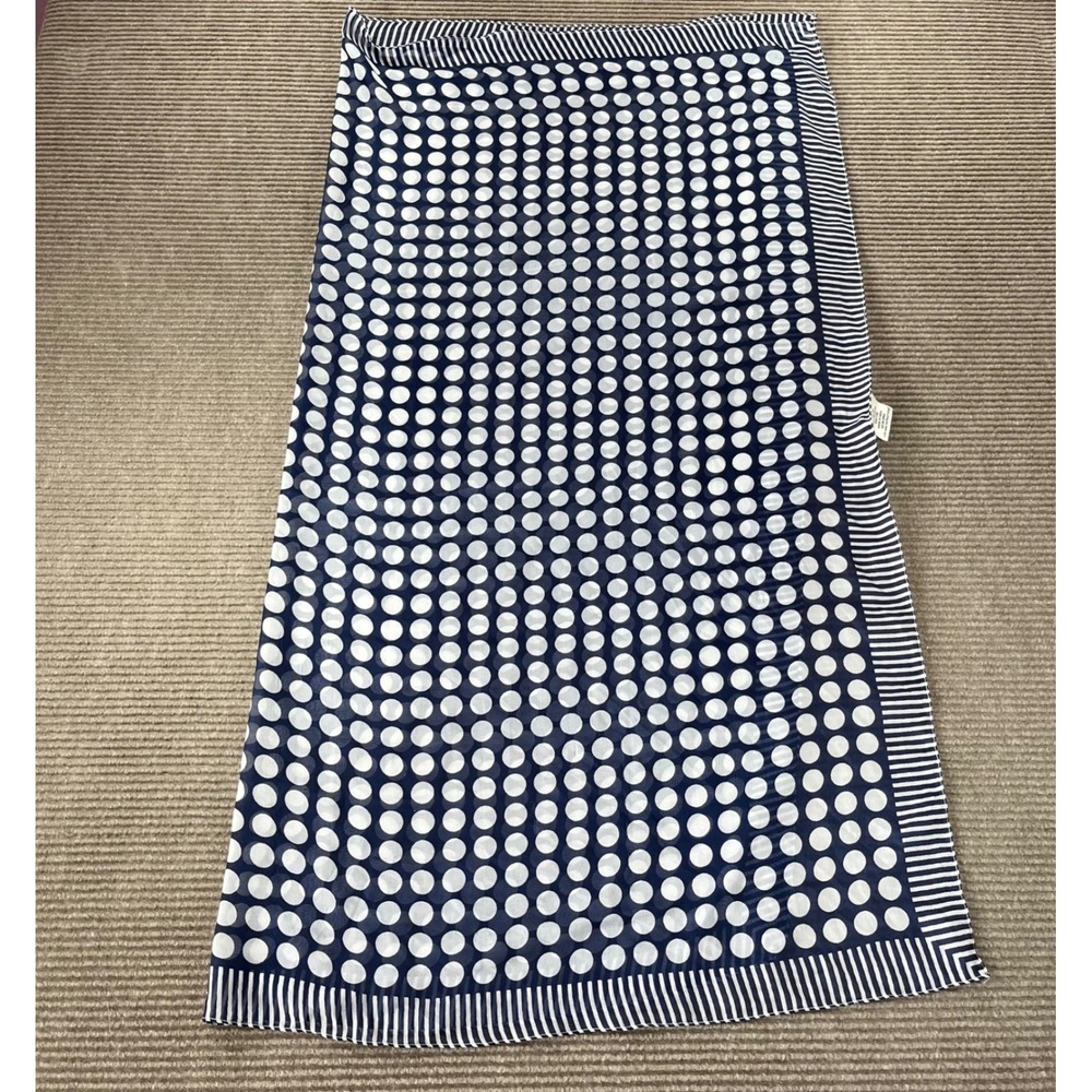 Navy Blue White Polka Dot Scarf Striped Border Lightweight Square Wrap OS